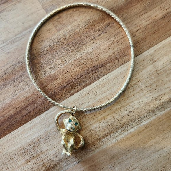 Vintage Mid-Century Gold Monkey with Green Rhinestone Eyes Charm Bracelet - Picture 1 of 9